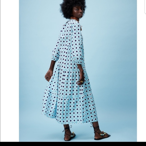 Zara L Blue White Aztec Sleeves Cotton Maxi Dress - Picture 3 of 10